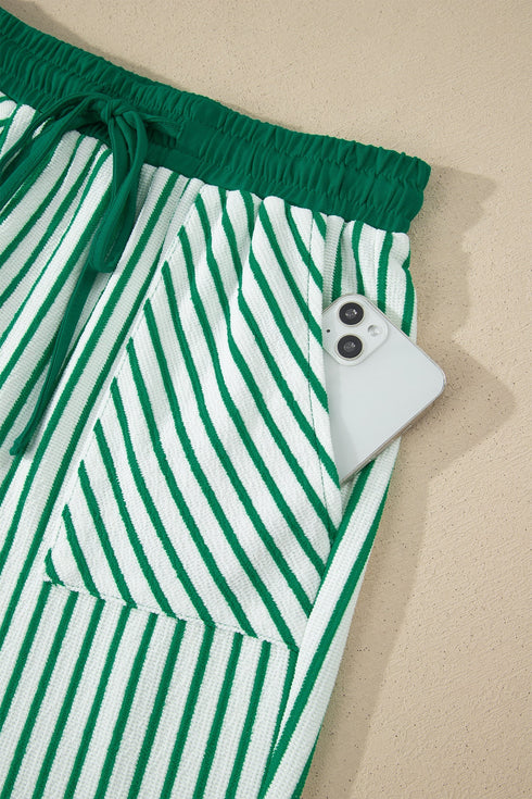 Striped Crew Neck Drawstring Waist Wide Leg Pant Set