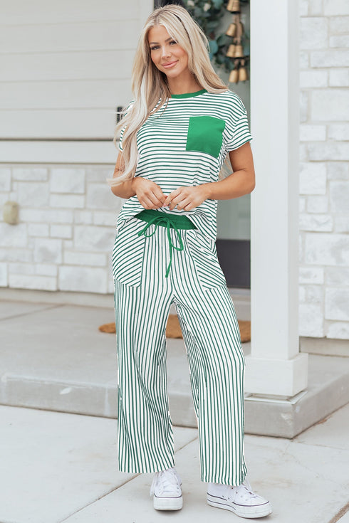 Striped Crew Neck Drawstring Waist Wide Leg Pant Set
