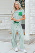 Striped Crew Neck Drawstring Waist Wide Leg Pant Set
