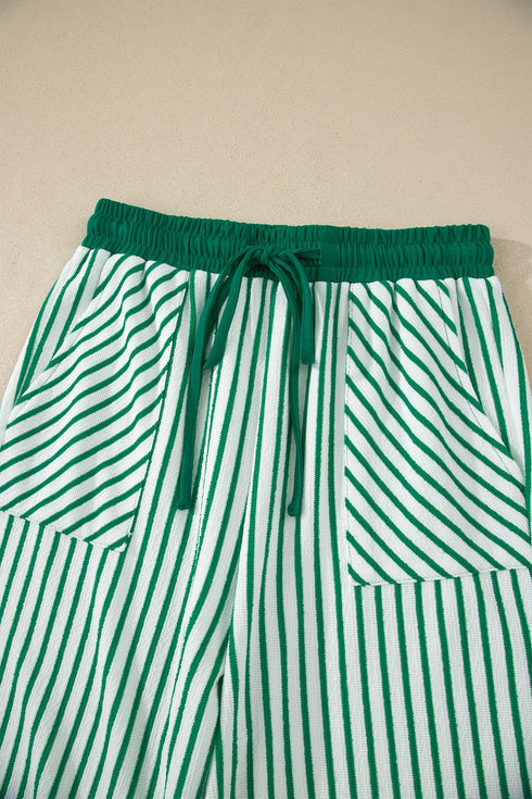 Striped Crew Neck Drawstring Waist Wide Leg Pant Set