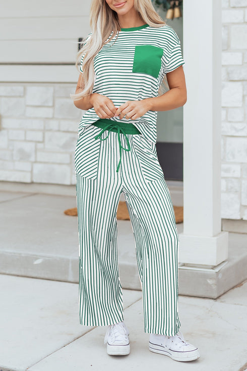 Striped Crew Neck Drawstring Waist Wide Leg Pant Set
