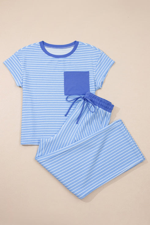 Striped Crew Neck Drawstring Waist Wide Leg Pant Set