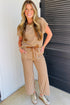 Striped Crew Neck Drawstring Waist Wide Leg Pant Set