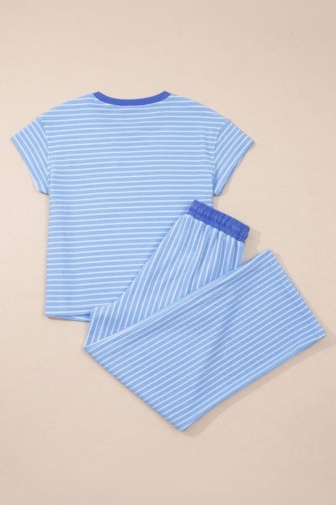 Striped Crew Neck Drawstring Waist Wide Leg Pant Set