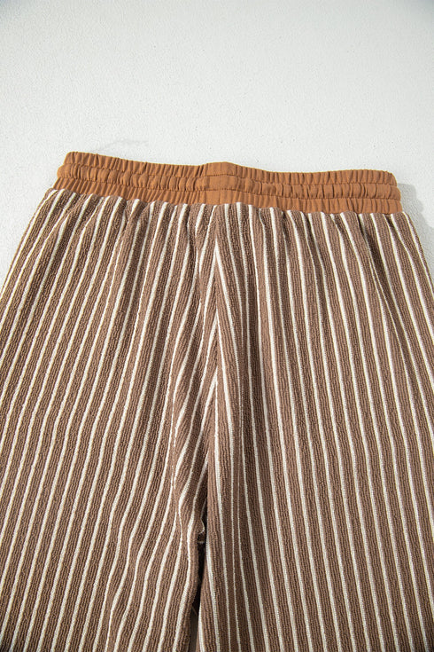Striped Crew Neck Drawstring Waist Wide Leg Pant Set