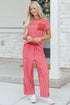 Striped Crew Neck Drawstring Waist Wide Leg Pant Set