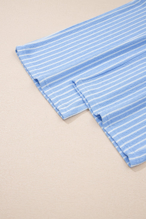 Striped Crew Neck Drawstring Waist Wide Leg Pant Set