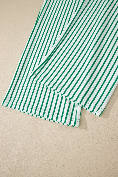 Striped Crew Neck Drawstring Waist Wide Leg Pant Set