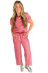 Striped Crew Neck Drawstring Waist Wide Leg Pant Set