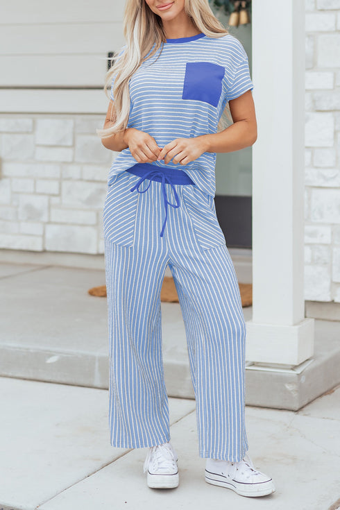 Striped Crew Neck Drawstring Waist Wide Leg Pant Set