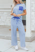 Striped Crew Neck Drawstring Waist Wide Leg Pant Set
