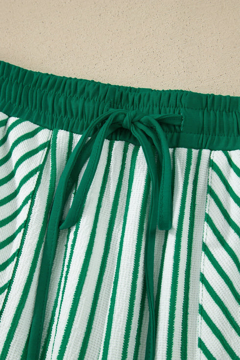 Striped Crew Neck Drawstring Waist Wide Leg Pant Set