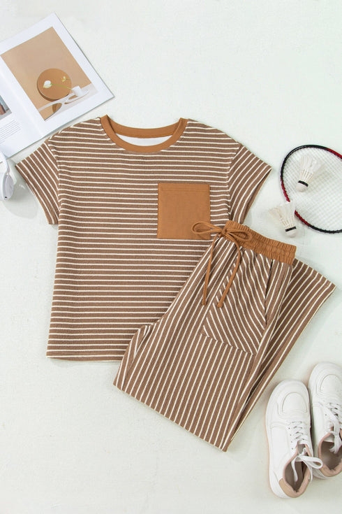 Striped Crew Neck Drawstring Waist Wide Leg Pant Set