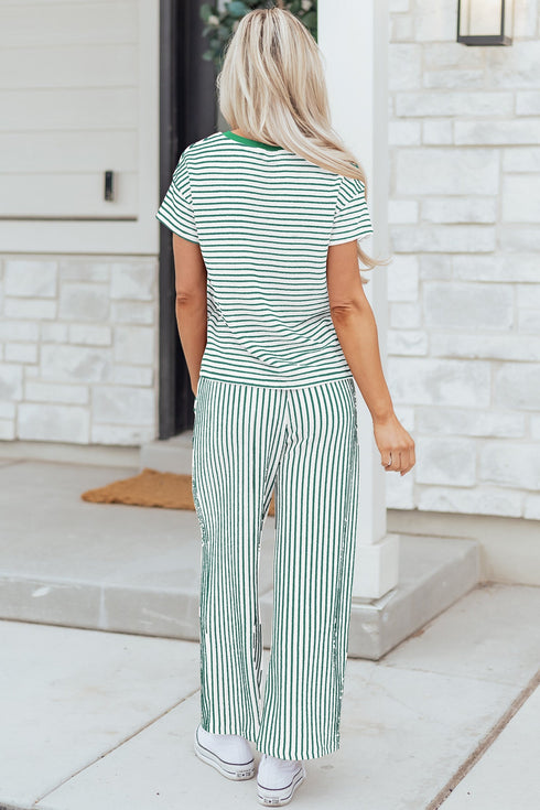Striped Crew Neck Drawstring Waist Wide Leg Pant Set