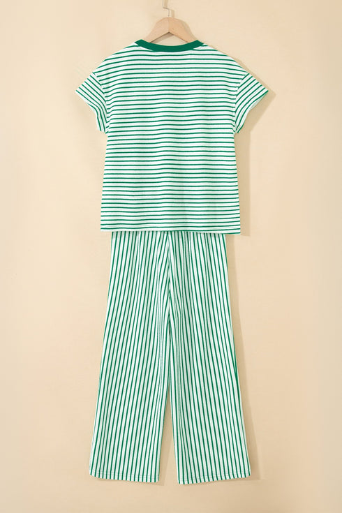 Striped Crew Neck Drawstring Waist Wide Leg Pant Set