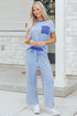 Striped Crew Neck Drawstring Waist Wide Leg Pant Set
