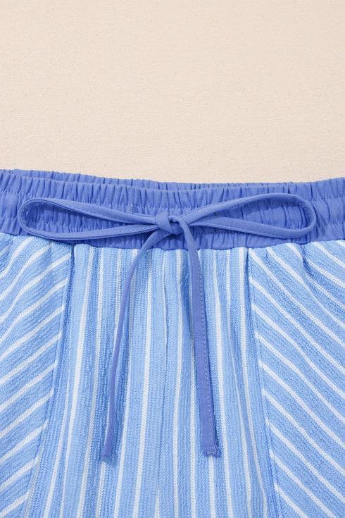 Striped Crew Neck Drawstring Waist Wide Leg Pant Set