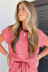 Striped Crew Neck Drawstring Waist Wide Leg Pant Set