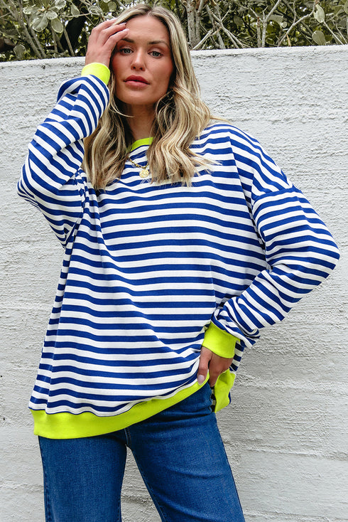 Striped Crew Neck Drop Shoulder Pullover Sweatshirt