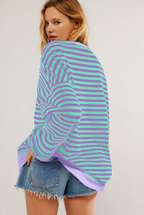 Striped Crew Neck Drop Shoulder Pullover Sweatshirt