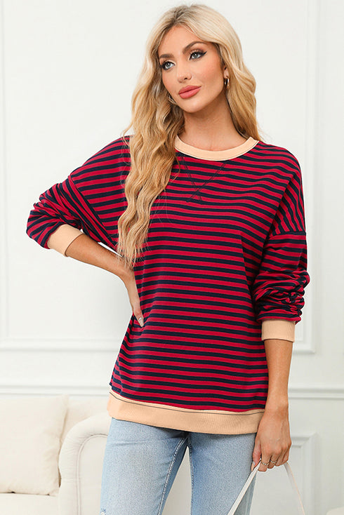 Striped Crew Neck Drop Shoulder Pullover Sweatshirt