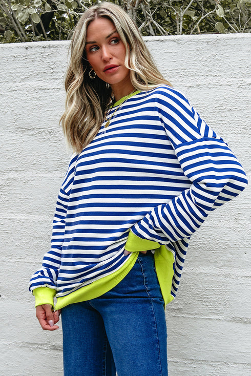 Striped Crew Neck Drop Shoulder Pullover Sweatshirt