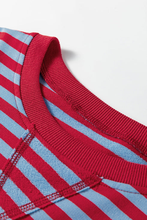 Striped Crew Neck Exposed Seam Pullover Sweatshirt