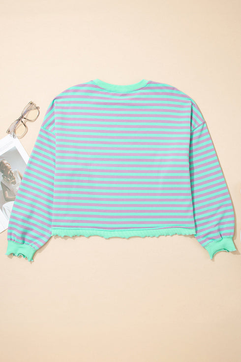 Striped Crew Neck Exposed Seam Pullover Sweatshirt