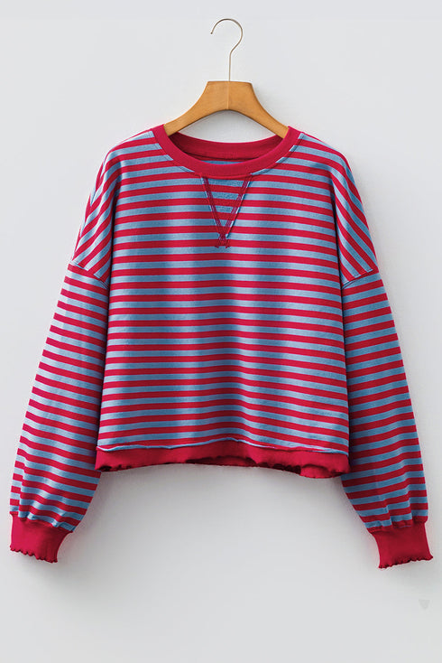 Striped Crew Neck Exposed Seam Pullover Sweatshirt