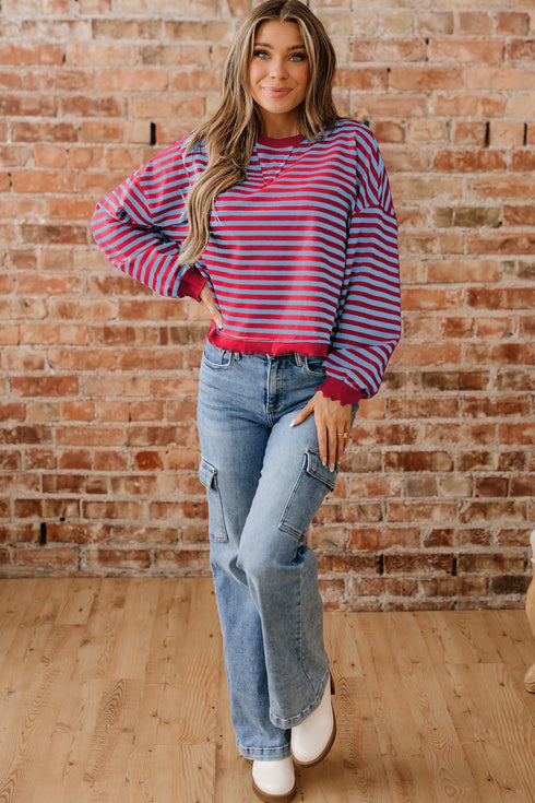 Striped Crew Neck Exposed Seam Pullover Sweatshirt
