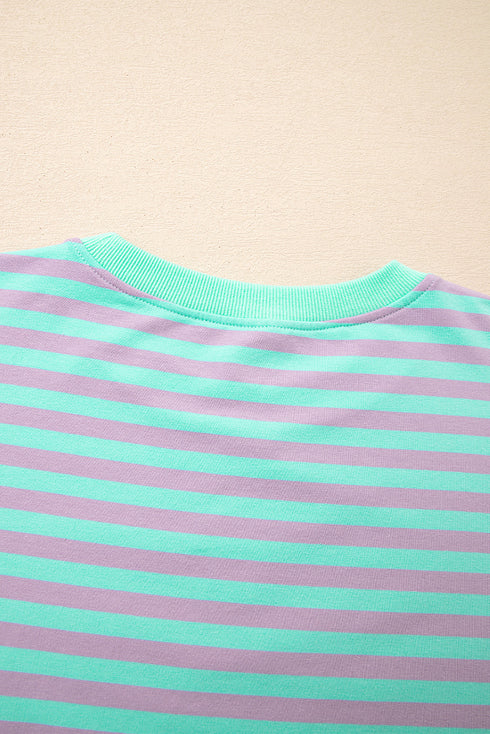 Striped Crew Neck Exposed Seam Pullover Sweatshirt
