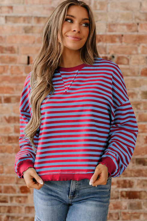 Striped Crew Neck Exposed Seam Pullover Sweatshirt