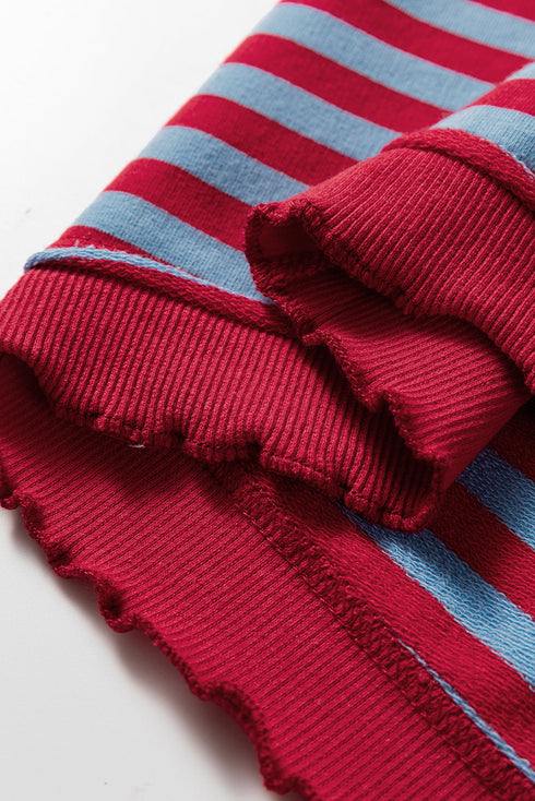 Striped Crew Neck Exposed Seam Pullover Sweatshirt