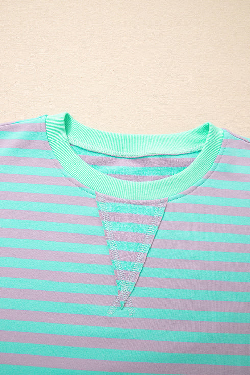 Striped Crew Neck Exposed Seam Pullover Sweatshirt