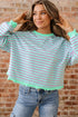 Striped Crew Neck Exposed Seam Pullover Sweatshirt