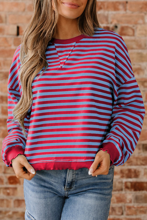 Striped Crew Neck Exposed Seam Pullover Sweatshirt