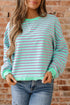 Striped Crew Neck Exposed Seam Pullover Sweatshirt