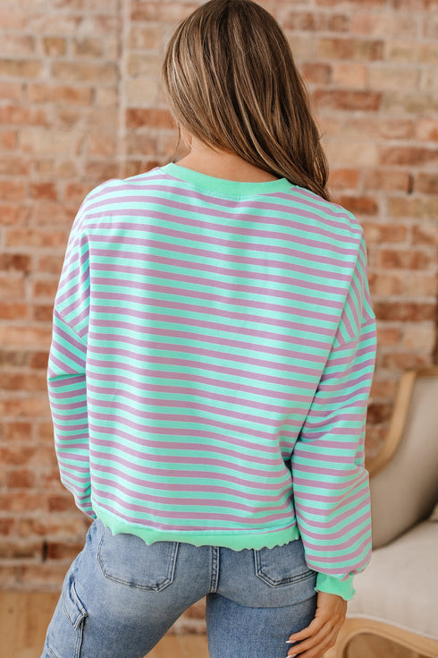 Striped Crew Neck Exposed Seam Pullover Sweatshirt