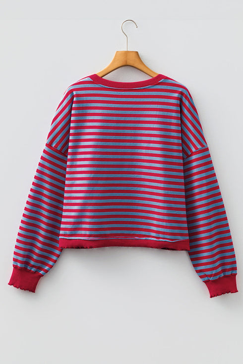 Striped Crew Neck Exposed Seam Pullover Sweatshirt