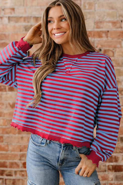 Striped Crew Neck Exposed Seam Pullover Sweatshirt