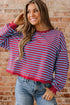 Striped Crew Neck Exposed Seam Pullover Sweatshirt
