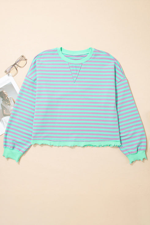 Striped Crew Neck Exposed Seam Pullover Sweatshirt