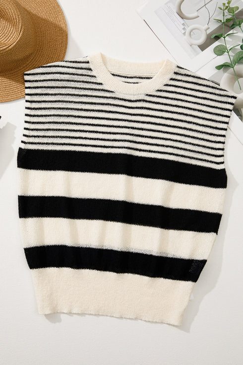 Striped Crew Neck Sleeveless Knit Pullover Sweater