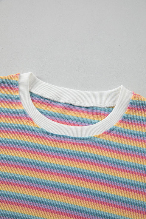 Striped Crew Neck Tassel Drawstring Matching Short Set