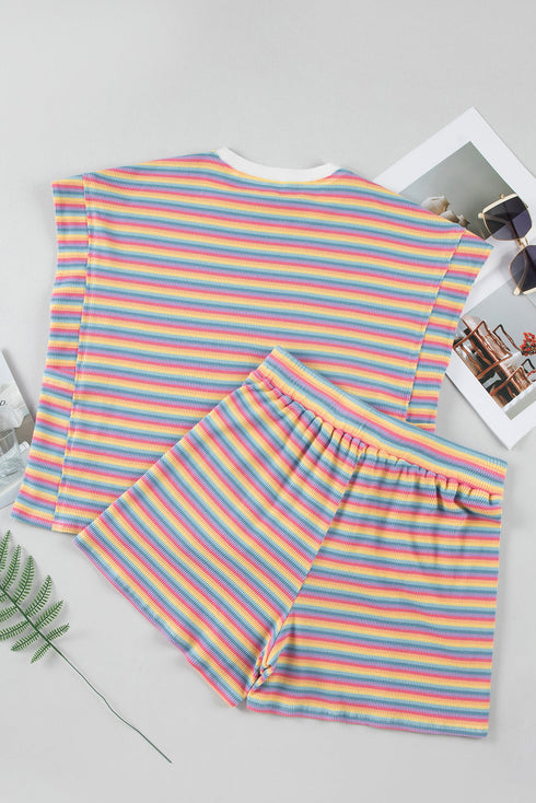 Striped Crew Neck Tassel Drawstring Matching Short Set