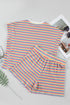 Striped Crew Neck Tassel Drawstring Matching Short Set