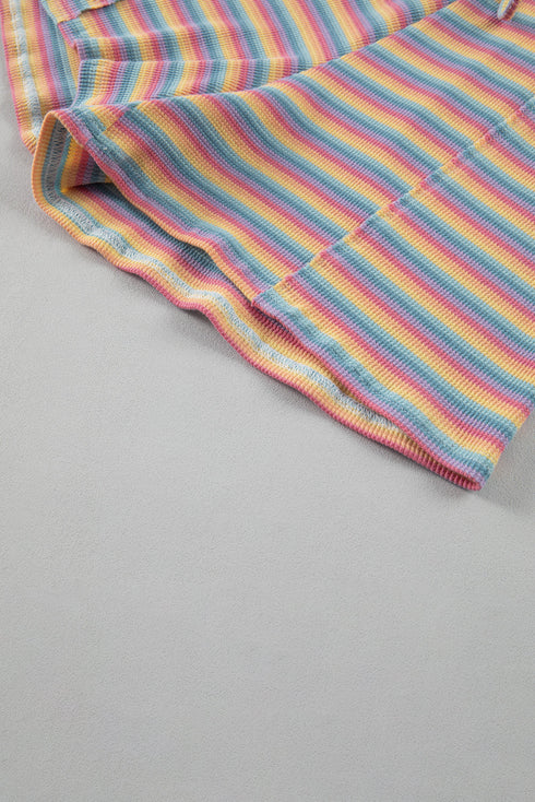 Striped Crew Neck Tassel Drawstring Matching Short Set