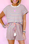 Striped Crew Neck Tassel Drawstring Matching Short Set