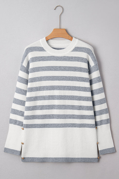 Striped Crewneck Drop Shoulder Side Button Rib Hem Tunic Sweater