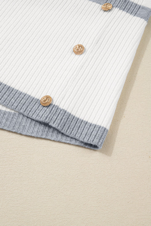 Striped Crewneck Drop Shoulder Side Button Rib Hem Tunic Sweater